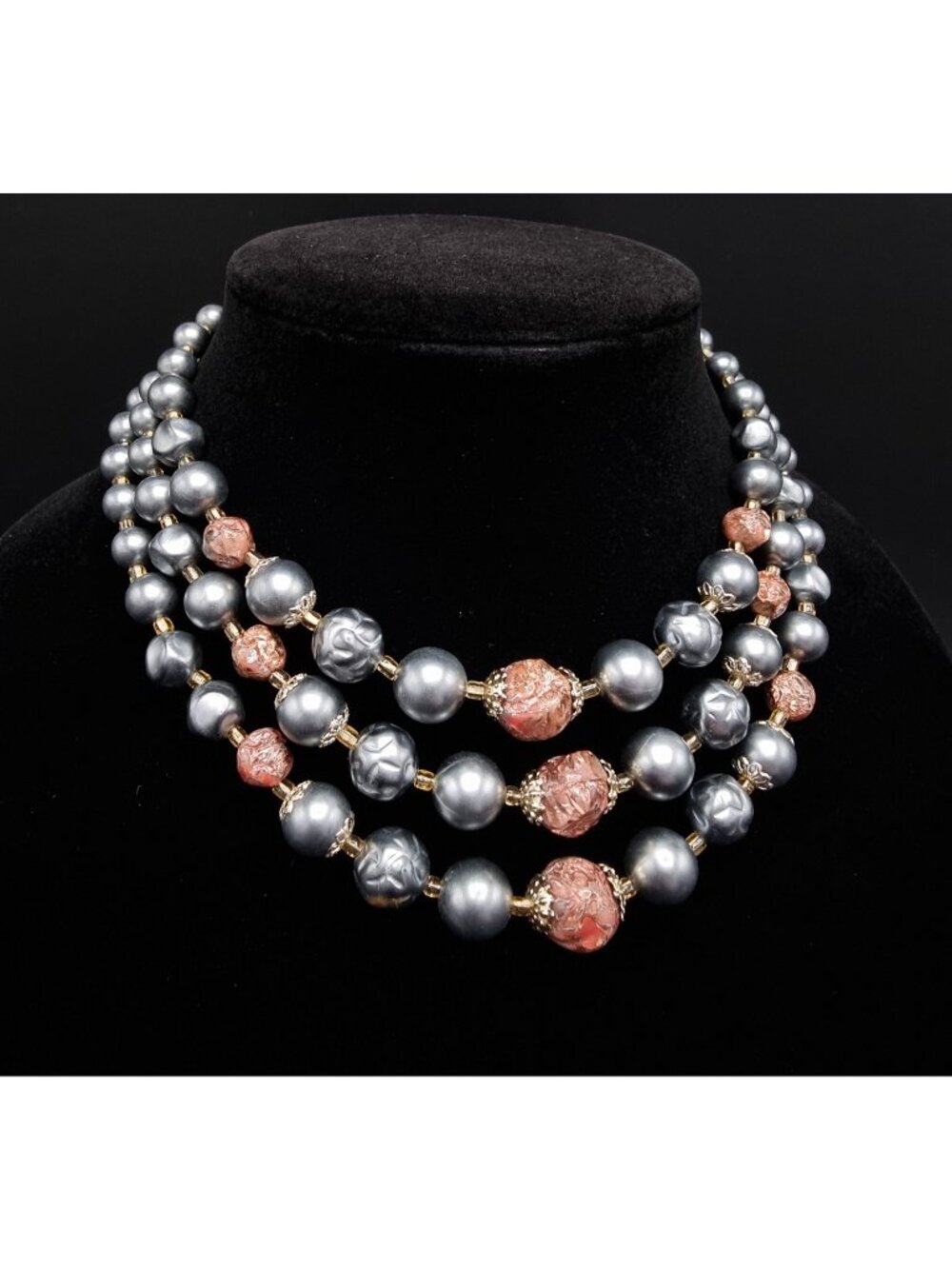 Vintage Japan Signed Multi-Strand Gray & Coral Color Beaded Necklace